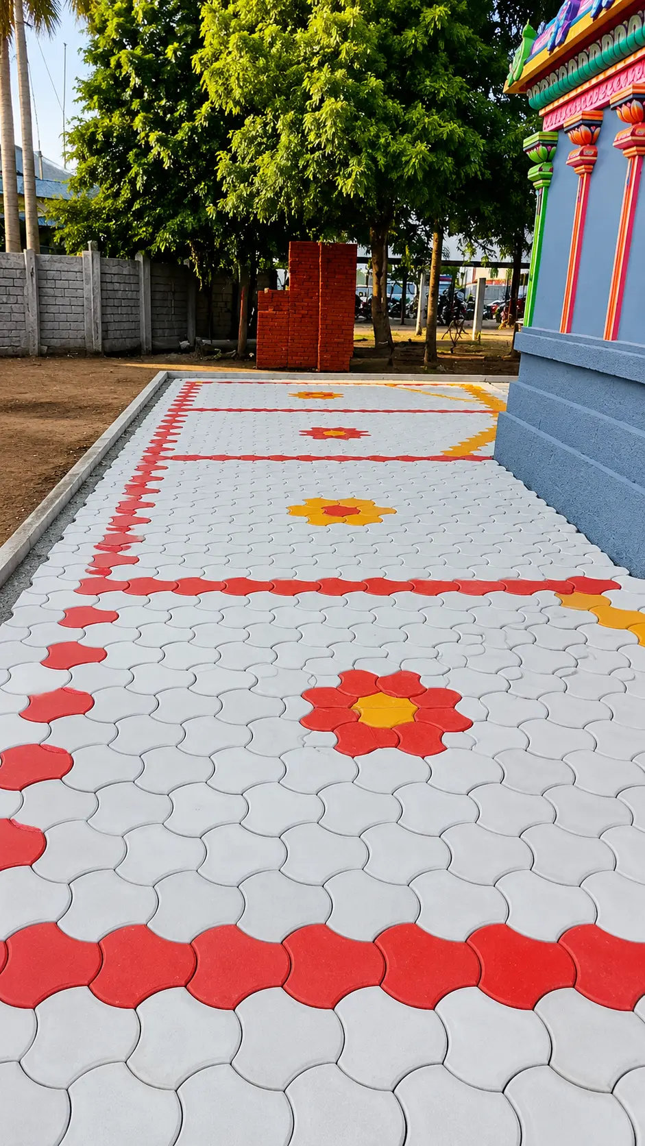 Temple courtyard paved with white flower shaped blocks and red and yellow flower motifs