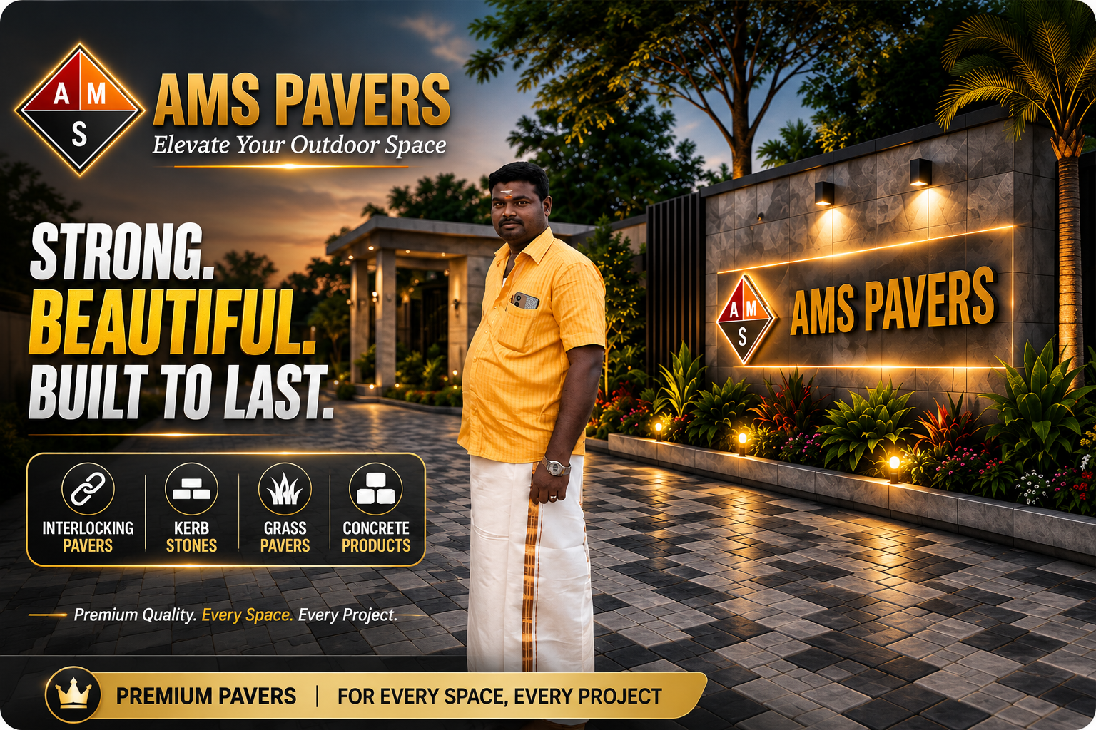 AMS Pavers founder standing on a premium paver driveway in Trichy