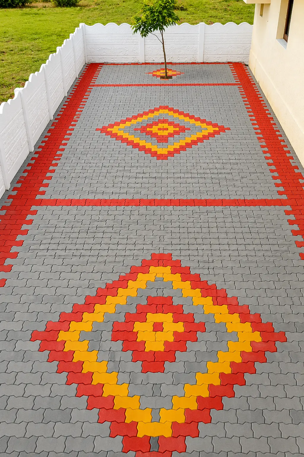 Grey zig zag paver driveway with red and yellow diamond medallions