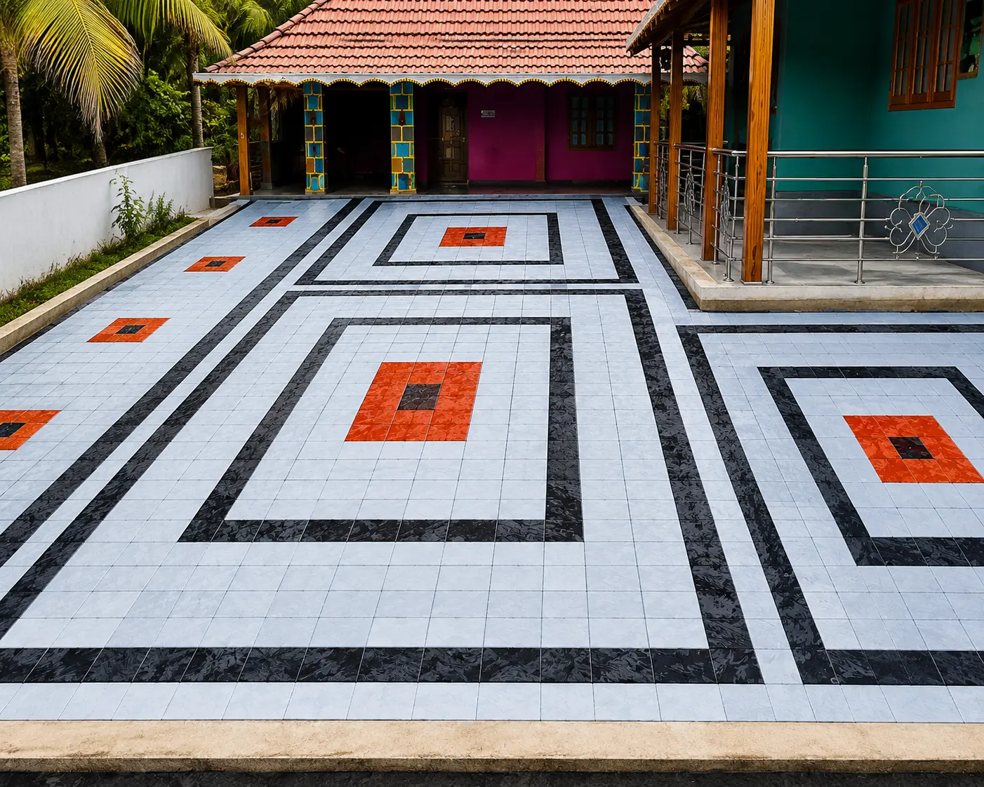 House frontage paved with white tiles, black border bands and red diamond centres